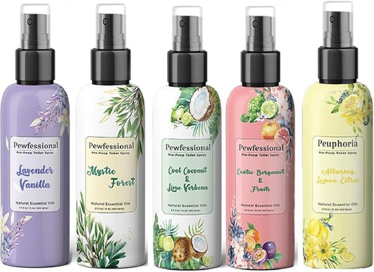 Pewfessional poop spray for toilet, pre poo toilet spray bathroom odor eliminator and air freshener, 2.5 Ounce, 5 pack Travel Size