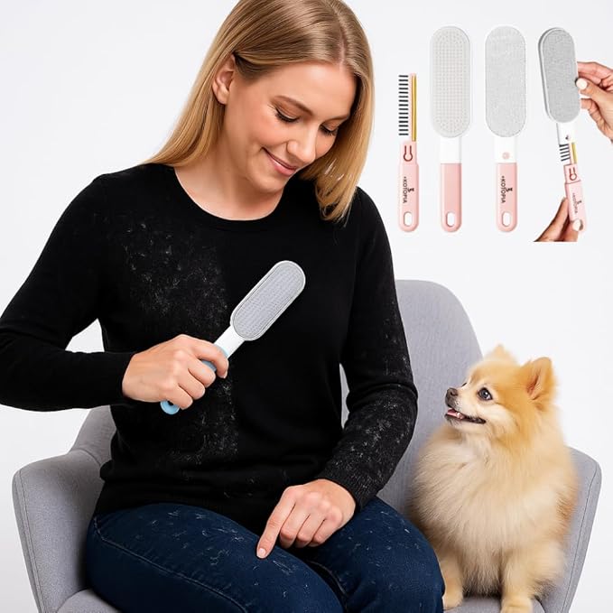 4-in-1 Pet Hair and Lint Remover Brush – Reusable Fabric and Clothing Cleaner for Pet Hair, Lint and Fur – Handheld Multi-Surface Tool for Clothes, Upholstery, Sofa and Travel Use (Pink)
