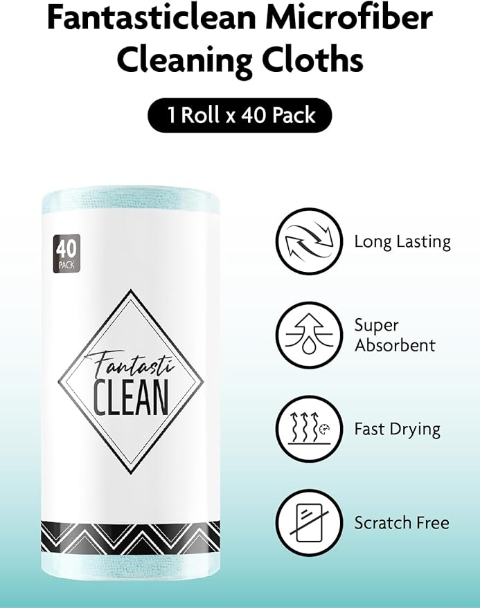 Fantasticlean Microfiber Cleaning Cloth Roll -40 Pack, Tear Away Microfiber Towels, 12" x 12", Reusable, Washable, Scratch Free, Ultra Absorbent Dishcloth for Car, Home Supplies, Pet, Kitchen (Blue)