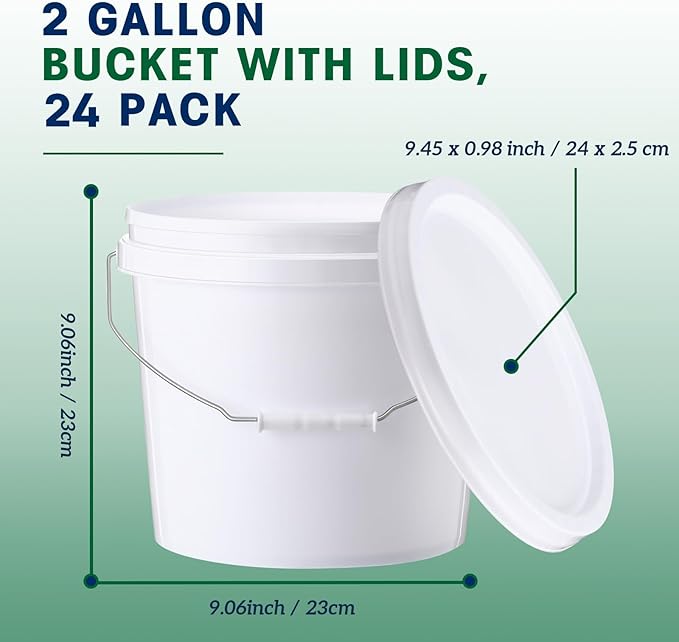 Tioncy 24pcs 2 Gallon Plastic Bucket with Lid Heavy Duty 2 Gallon Bucket Pail with Lid Handle for Storage Container Home Household Cleaning (White)