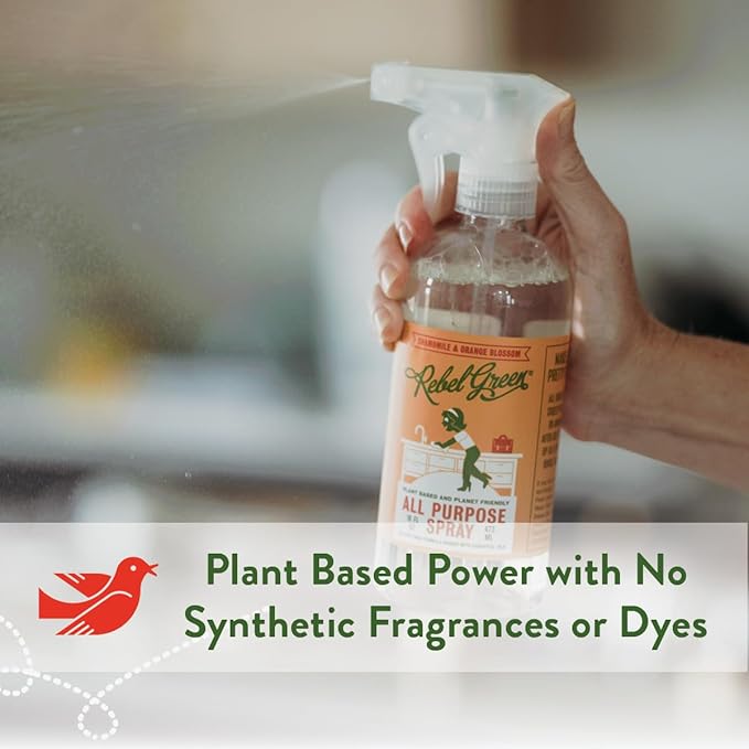 Rebel Green Natural All-Purpose Cleaning Spray - Plant-Based Multi-Surface Cleaner with Essential Oils for Kitchen, Bath, Countertops and More - Orange & Chamomile - 16 oz - 2 Pack