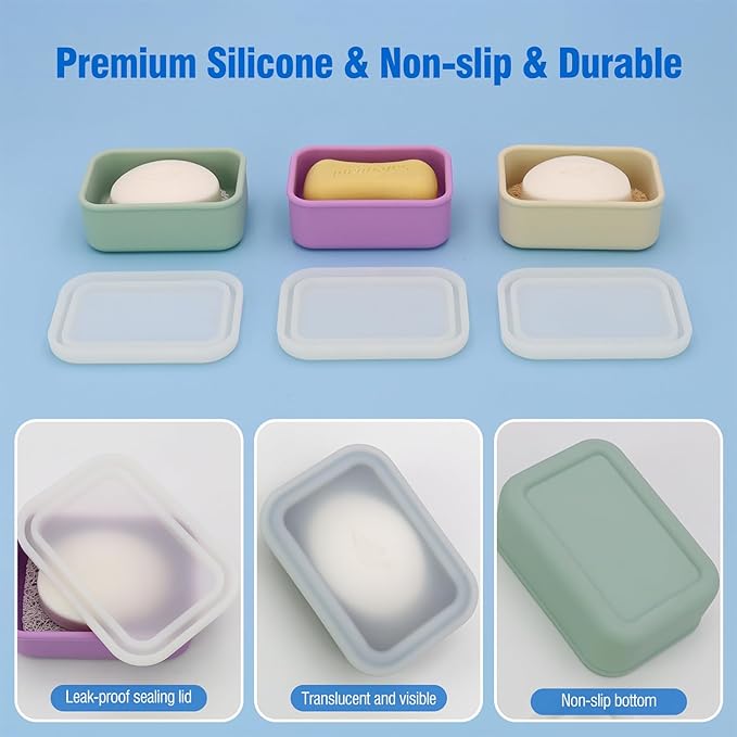 AIMAIMAIMAI Compact Leakproof Travel Soap Case, Silicone Travel Soap Bar Container, Portable Soap Box with Drainage Layer for Camping, Gym (Light Green)