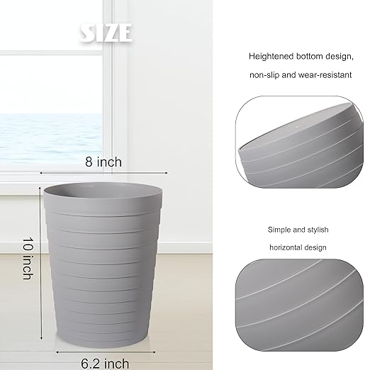 UUJOLY Small Bathroom Trash Can Wastebasket, Plastic Garbage Bin Container Basket for Bathrooms, Laundry Room, Kitchens, Offices, Kids Rooms, Dorms, Grey, 1.8 Gallon