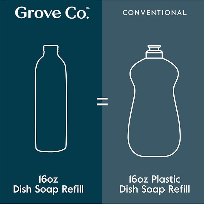 Grove Co. Ultimate Dish Soap Refills (3 x 16 Fl Oz) + Refillable Glass Dish Soap Dispenser for Kitchen Sink with Non-Slip Silicone Sleeve, Plastic Free Cleaning Products, Lavender Blossom & Thyme