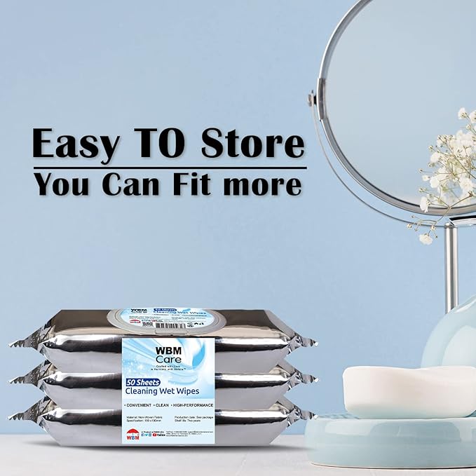 WBM Care Cleaning Wipes, Thick & Strong for Easy Cleaning, Flip Top Dispenser, Unscented and Convenient, For all Types of Surfaces, Wet Wipes, 50 Sheets (Pack of 3) (8251A-3PCS)