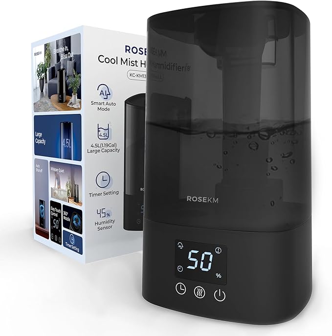 Automatic Humidifiers for Bedroom Large Room, 4.5L Cool Mist Humidifier for Home & Plant with Timer & Humidity Sensor, Last Up to 18H on High Setting, Auto Shut-Off, 360° Nozzle (Black)