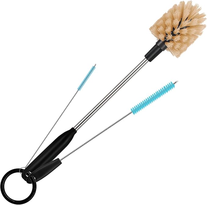 3 in 1 Stainless Steel Long Handled Water Bottle Brush Set, Kitchen Scrubber Cleaning Brush for Mugs, Coffee Cups, Glassware, Wine Glasses, Wake-Ups, with Straw Cleaner, Brown