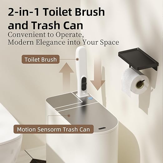 Small Bathroom Trash Can - Motion Sensor 2 Gallon / 7L Garbage Bin with Lid, Automatic Touchless Bathroom Decor with Toilet Brush (White)