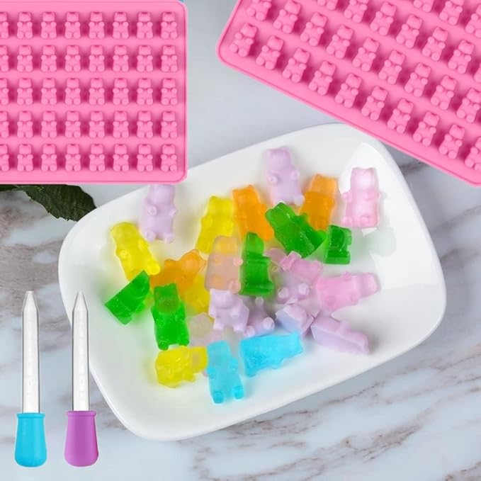 2 Piece Gummy Bear Silicone Molds, Non-Stick Chocolate Candy Mold with 2 Droppers Food Grade (Purple+Blue+Pink+Green)