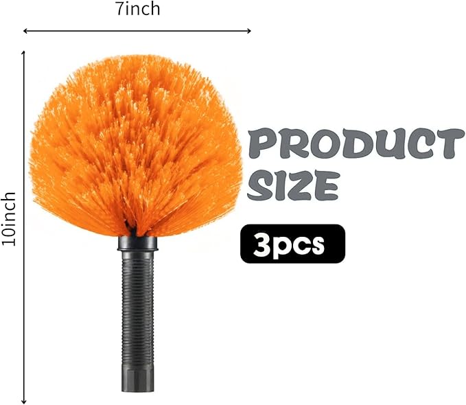 3 Pack Screw on Webster Cobweb Duster Head for Pole,Spider Web Remover Brush, Cobweb Duster Head Attachment,Fits Standard 3/4 inch Threaded Poles (3, Orange)