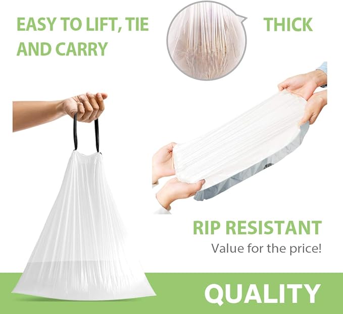 6 Gallon 120pcs Strong Drawstring Trash Bags Garbage Bags by Teivio, Bathroom Trash Can Bin Liners, Plastic Bags for home office kitchen, White