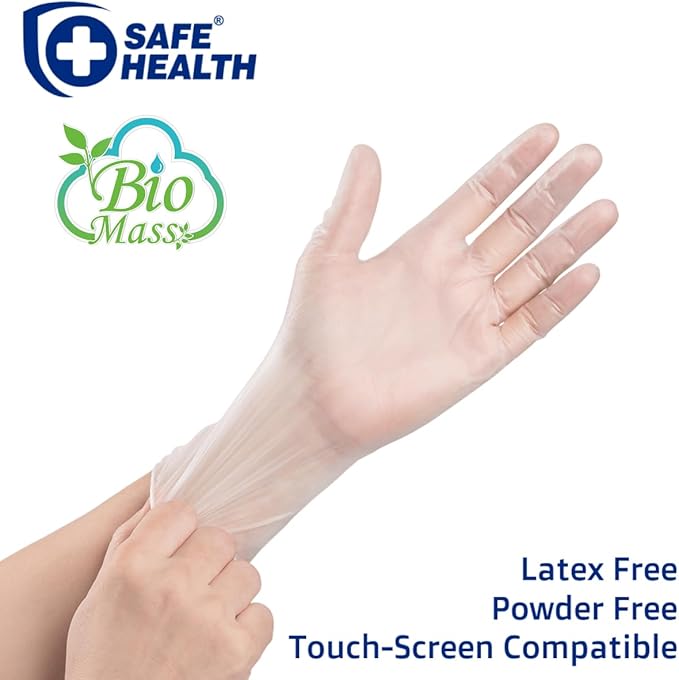 Safe Health Biomass Eco-Friendly Vinyl Disposable Gloves, USDA Certified Biobased Product, Latex Free, Powder Free, Clear, Box of 100, X-Large, 3 mil