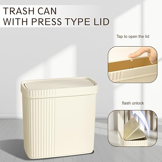 UUJOLY Small Bathroom Trash Can with Lid Slim Wastebasket Garbage Can Plastic Container Basket Trash Bin for Kitchen, Laundry Room, Office, Kids Room, Dorm, Beige, 2.4 Gallon
