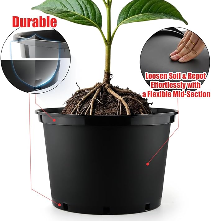 7 Gallon Plastic Nursery Pots, 15 Inch Large Plastic Pots for Plants, Round Plant Pots with Drainage Holes, Flower Pots for Outdoor Indoor Plants, Gardening Gifts for Women (5-Pack, Black)