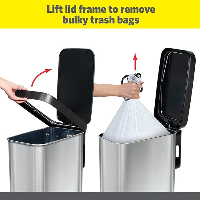 Glad Slim Trash Can with Clorox Odor Protection - Narrow Kitchen Garbage Bin with Soft Close Lid, Step On Foot Pedal and Waste Bag Roll Holder, Stainless Steel, 45 Liter