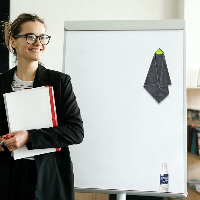 loukin 4 Pack Magnetic Cleaning Cloth, Microfiber Dry Erase Eraser, Washable Whiteboard Cleaning Cloth for Classroom, Home and Office, Gray, 12" x 12" - 3.4 fl oz Whiteboard Cleaner x 2 Included