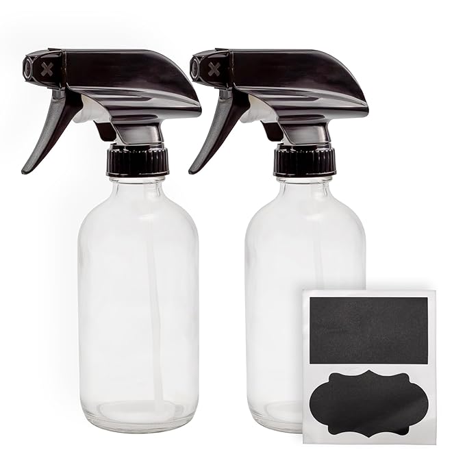 Cornucopia Brands 8-Ounce Clear Glass Spray Bottles (2-Pack); Boston Round Bottles w/ 3-Setting Adjustable Black Heavy Duty Sprayers & Chalk Labels