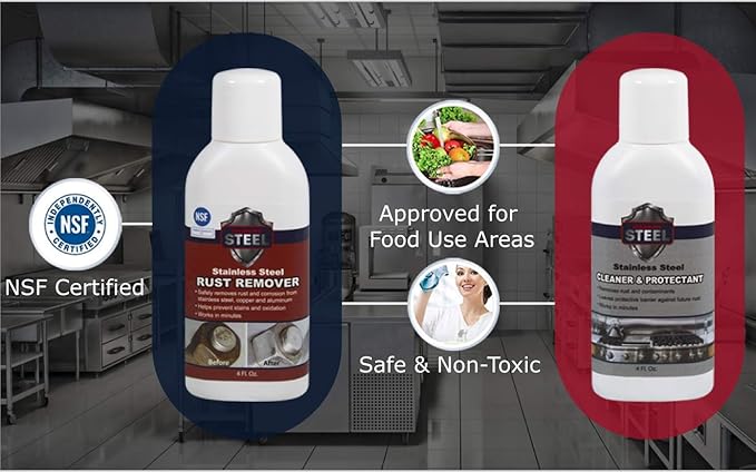 CLEAN MY STEEL – Stainless Steel Rust Stain Remover Kit with Protector – Fast Acting for Commercial Equipment Rust Cleaner for Appliances, Grills & More – Food-Safe Stainless Steel Cleaner (4 oz)