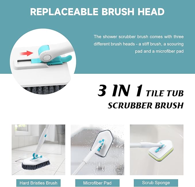 nacena Shower Scrubber with Long Handle, 4 in 1 Tile Tub Scrubber Brush with 3 Detachable Cleaning Heads and V-Shaped Grout Brush Shower Cleaner Brush for Bathroom Kitchen Toilet Tub Sink, Blue White