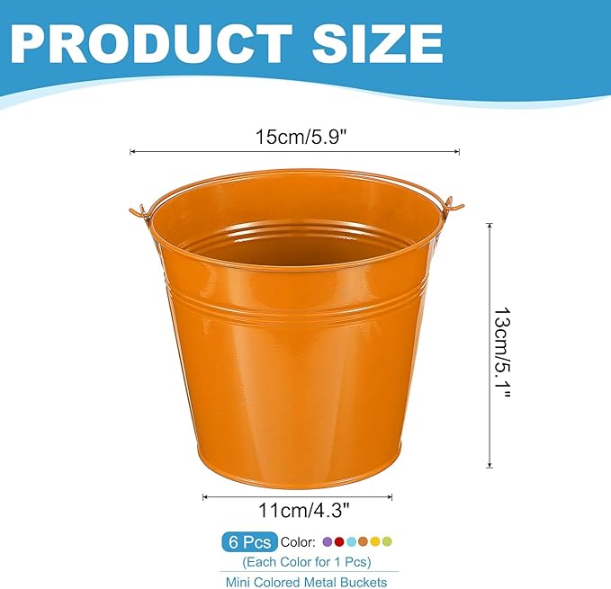 PATIKIL 6"x5" Small Metal Buckets with Handle, 6 Pcs Mini Bucket Easter Buckets, Green/Yellow/Orange/Blue/Red/Purple
