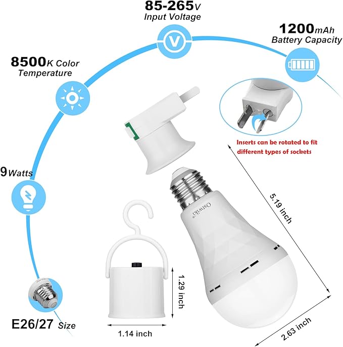 Emergency Rechargeable Light Bulbs,6 Pack Battery Operated Backup Light Bulb for Power Outage Camping Outdoor Hurricane 9W E27 8500K 1200mAh White Equivalent Self-Charging LED Light Bulbs