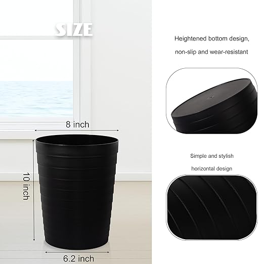 UUJOLY Small Bathroom Trash Can Wastebasket, Plastic Garbage Bin Container Basket for Bathrooms, Laundry Room, Kitchens, Offices, Kids Rooms, Dorms, Black, 1.8 Gallon/2 Pack
