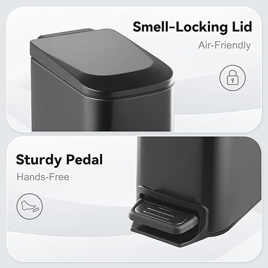 Slim Bathroom Trash Can with Lid Stainless Steel Garbage Can with Removable Inner Bucket Small Wastebasket with Step Pedal for Toilet Office Bedroom (Matte Black, 1.8 Gallons)