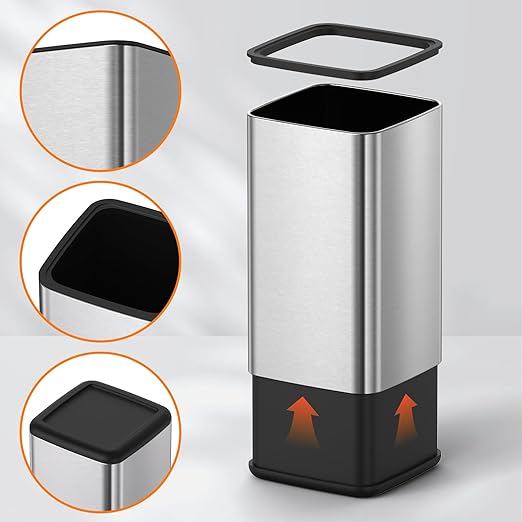 Mbillion 2.4 Gal (9L) Stainless Steel Open - Top Trash Can with Removable Inner Bucket - Sleek Metal Small Waste Basket for Bathroom Office, Brushed Steel