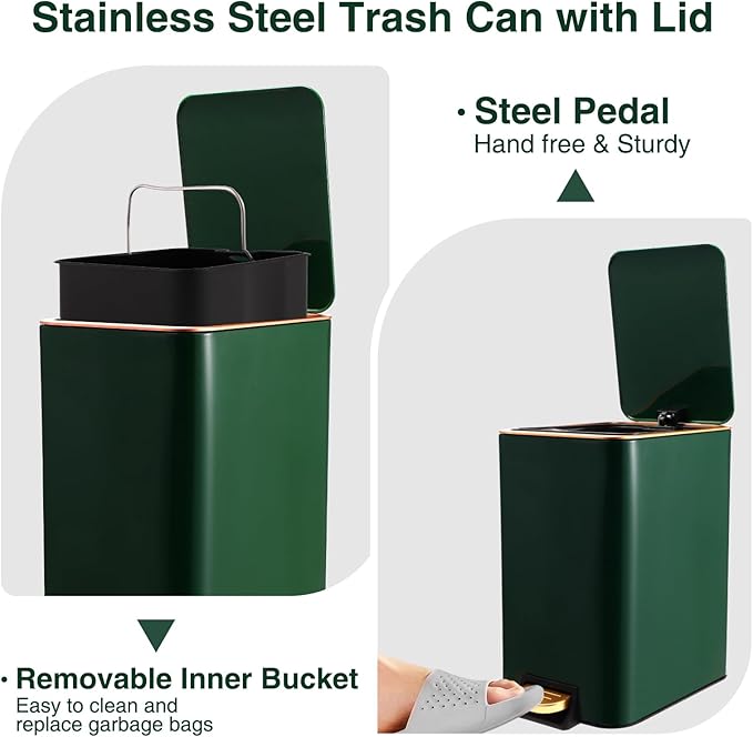 Small Bathroom Trash Can with Lid Soft Close, 1.8 Gallon Stainless Steel Garbage Can with Removable Inner Bucket,80Count Trash Bags, Slim Step Pedal Trash Bins
