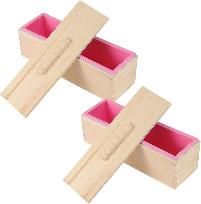 2 Pack 42 OZ Rectangular Soap Mold, Flexible Soap Loaf Mold with Wooden Cover and Box for Soap Making, Candle, Cake, Pudding, Chocolates