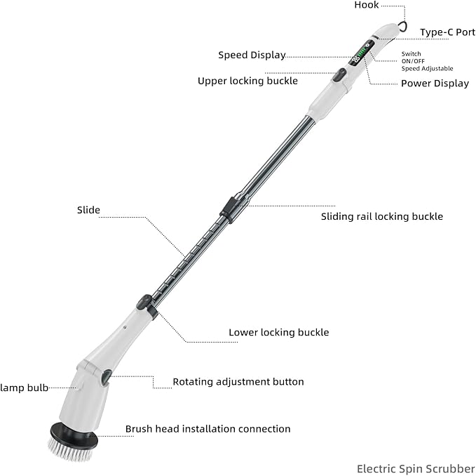 Electric Spin Scrubber,2025 Electric Scrubber for Cleaning,Power Scrubber with Adjustable Long Handle,3 Spin Speeds,Power Scrubber,Shower Cleaning Brush,White