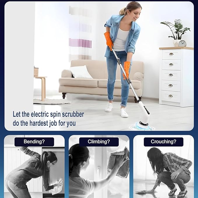 Electric Cleaning Brush Spin Scrubber, Cordless Cleaning Brush with 7 Replaceable Brush Heads. 2 Speeds Power Scrubber Brush for Floor,Kitchen, Bathroom, Tub, Floor, Tile,Adjustable Long Handle