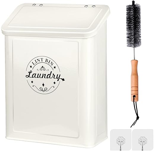 Magnetic Lint Bin for Laundry Room Organization and Storage with Brush, Wall-Mounted Laundry Dryer Lint Bin for Laundry Room Decor, Space-Saving Laundry Trash Can (Cream)