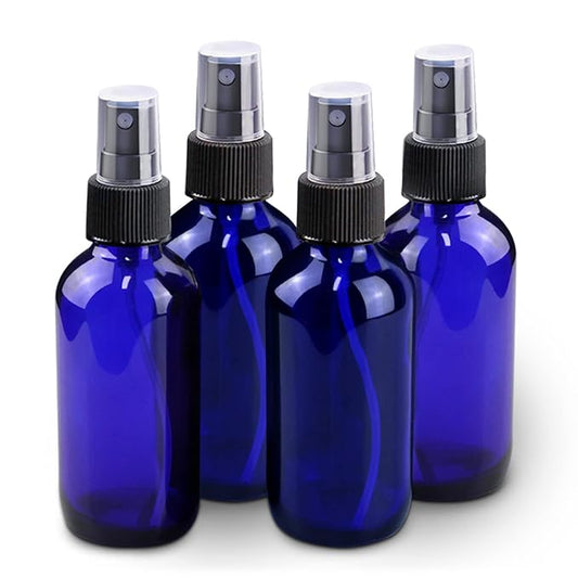 Wedama Glass Spray Bottles, Mini Spray Bottles 2 oz, Empty Small Spray Bottles with Funnel Dropper, Fine Mist for Hair, Travel, Plants, Cleaning Solutions and Skin Care (4 Pack Blue)