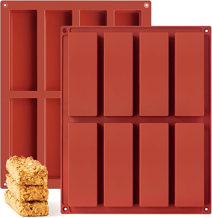 2 Pack Silicone Granola Bar Molds, 8 Cavity Rectangle Protein Bar Mold Silicone Baking Molds for Butter/Chocolate/Candy/Cereal/Energy Bars