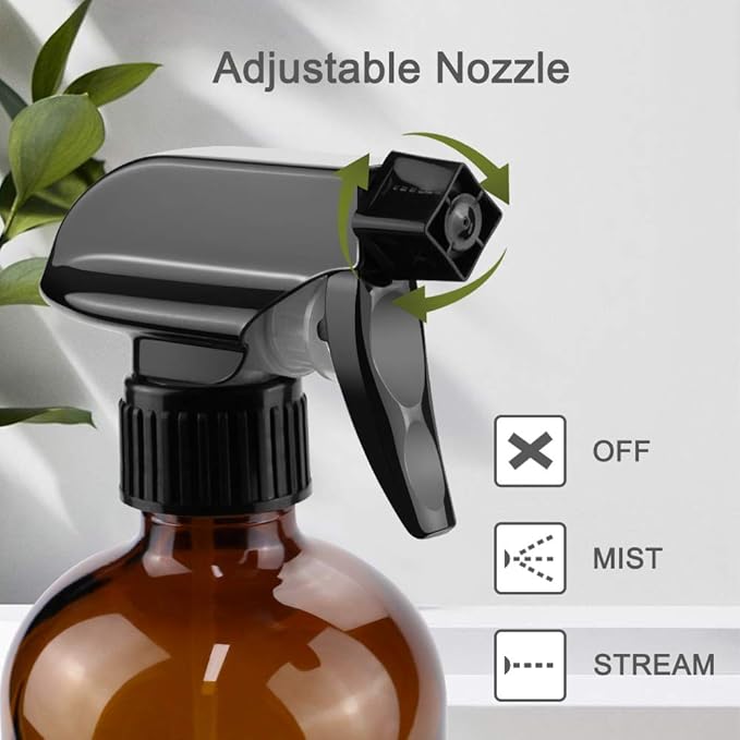 Glass Spray Bottles, 16oz Amber Glass Spray Bottles with Labels & Adjustable Nozzle, Reusable Containers for Cleaning, BBQ, Food, Plants, Alcohol, Essential Oils(3 Pack)