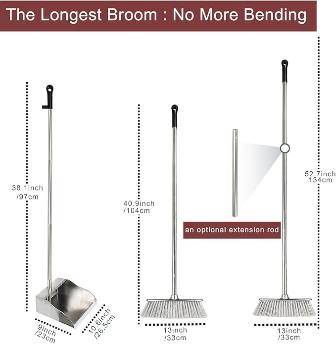 Metal Dustpan with Broom Set, Long Handle Stainless Steel Dustpan,Heavy Duty Standing Dust Pan with Teeth, Indoor Outdoor Up for Home Kitchen Lobby Room Office