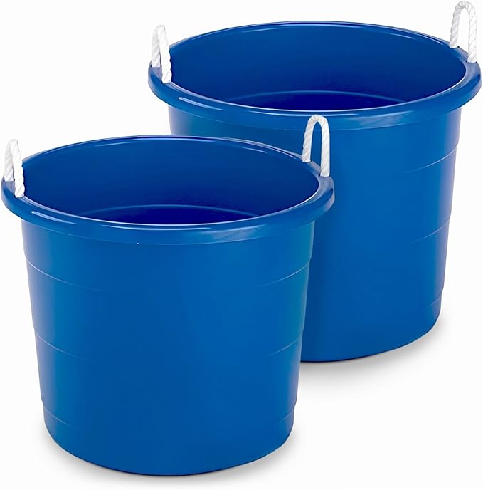 HOMZ 2-Pack Utility Tub, Large Plastic Storage Bucket with Rope Handles, 18 Gallon, Blue - Portable Indoor and Outdoor Buckets for Kitchen, Laundry, Garden, Bathroom, and Garage Organization