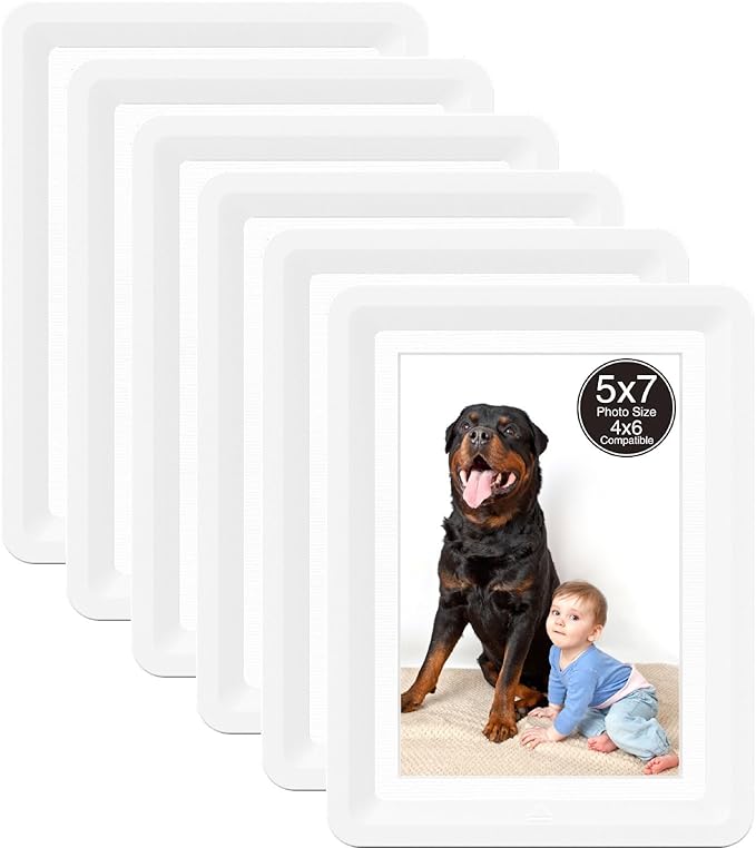 6-Pack 5x7 Picture Frame or 4x6 with Mat – Shatterproof Plastic Photo Frame for Family, Nursery, and Playroom, Wall & Tabletop Picture Frames for Home, Office, Safe & Lightweight Design in Pearl White