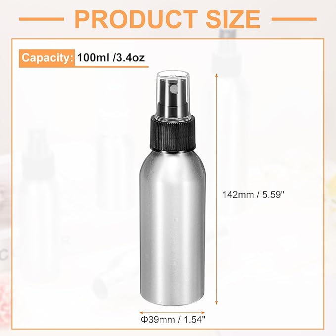 HARFINGTON Aluminum Fine Mist Spray Bottles 100ml/3.4oz Metal Small Liquid Alcohol Refillable Travel Container with Black Plastic Nozzle Cap for Perfume Skincare Cosmetic Storage Bottle