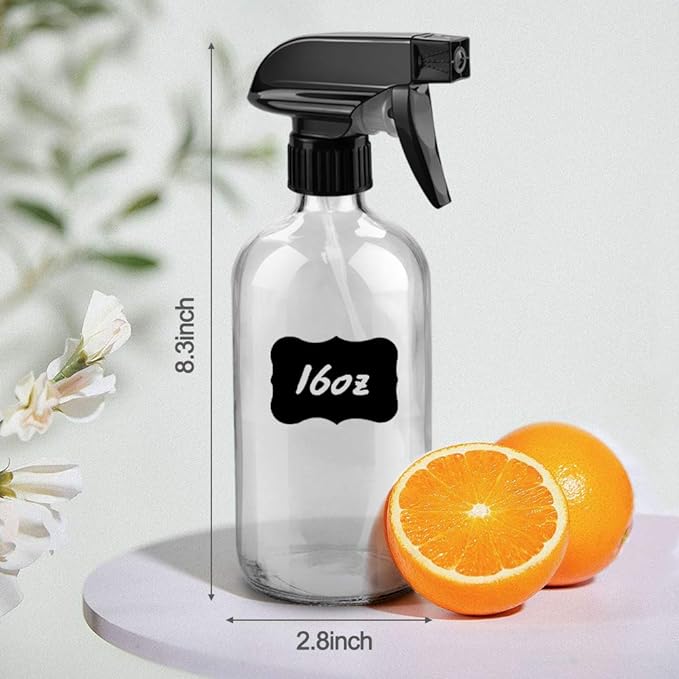 Glass Spray Bottles, 16oz Refillable Containers, Empty Boston Round Bottles with Labels & Adjustable Nozzle for Cleaning, Gardening, Aromatherapy, Pets, Plant, Hair -Clear (1 Pack)