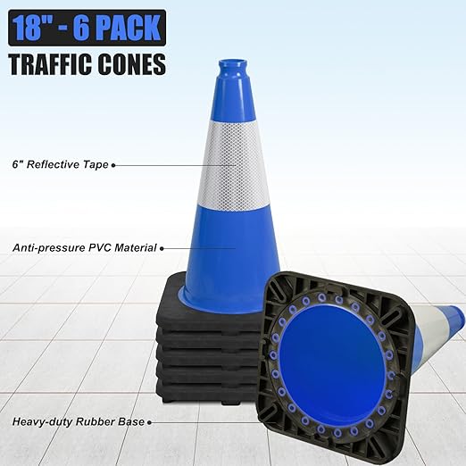 Fluorescent Orange/Green PVC Traffic Cones, Heavy Black Base Parking Lot Cone Structurally Stable Weatherproof Road Construction Safety Cones (4, Blue, 18" Medium)