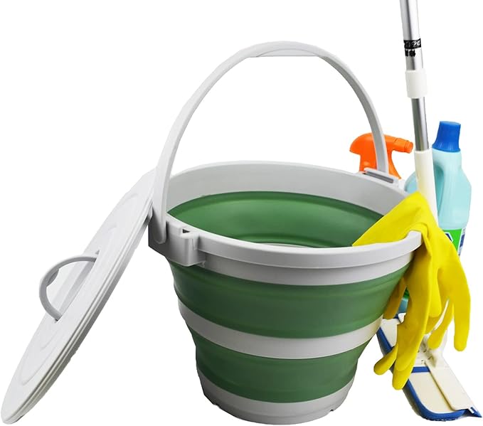 SAMMART 10L (2.64Gallon) Collapsible Fishing Bucket with Locking Lid - Portable Plastic Water Pail - Space Saving Outdoor Waterpot - Trunk Organizer for All Types of Vehicles (Grey/Dark Sea Green)