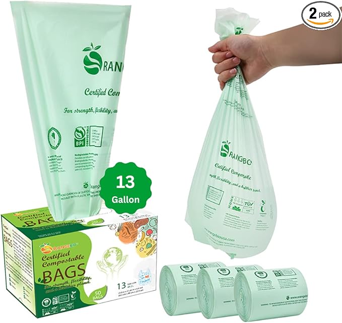 100% Compostable Trash Bags 13 Gallon Tall Kitchen, 100 Count, 0.9 Mil, Kitchen Compost Bags, Large Compostable Bags US BPI ASTM D6400 and OK Compost Home Certified