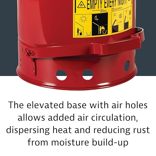 Justrite 6 Gallon Galvanized Steel Oily Waste Can, 16" x 12" Metal Oil Rag Safety Can with Quiet Foot-Operated Self-Closing Lid for Oil Rag Disposal, Made in The USA, Red, 09108