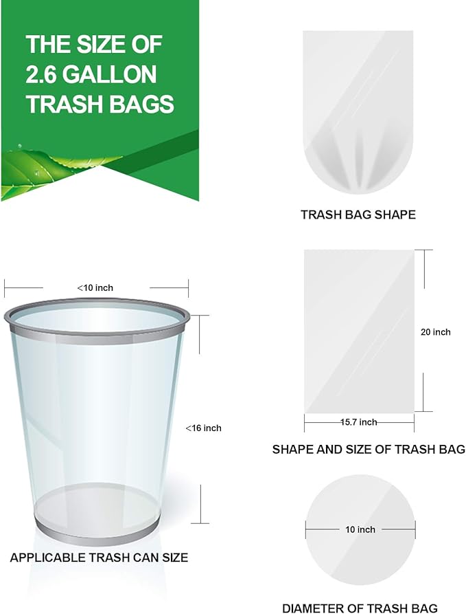 FORID Clear Small Trash Bags, 2.6 Gallon Garbage Bags, Wastebasket Bin Liners 220 Count Plastic Trash Bags for Bathroom Bedroom Office Garbage Can 10 Liters - Durable & Thick Trash Bag