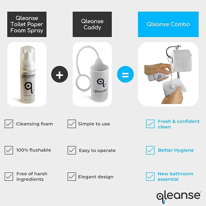 Qleanse Toilet Paper Foam Spray and Caddy Combo - Wet Wipe Alternative and 100% Flushable