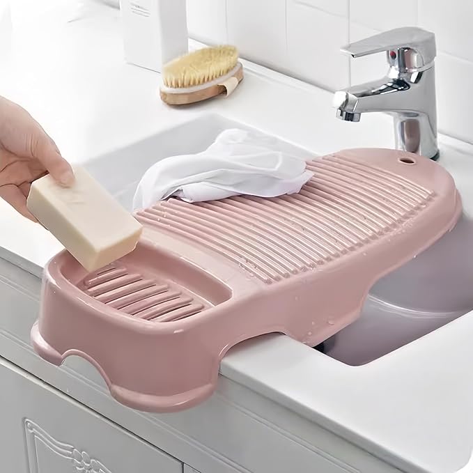 2 Pack Washboard for Hand Washing Clothes, New Updated Wash Boards Set with Soap Holder and Non-slip Base, 2 Sizes Lightweight Washboard for Kitchen Sink, Countertop, Bathtubs (Pink)