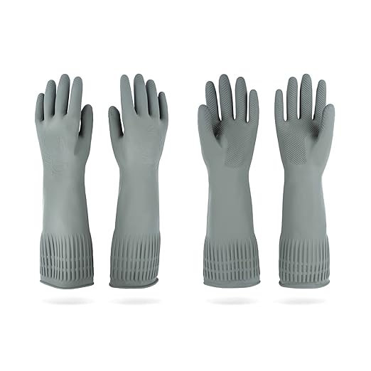 Mamison 2 Pairs Reusable Waterproof Household Dishwashing Cleaning Rubber Gloves, Non-Slip Kitchen Glove (Grey, Medium (Pack of 2))