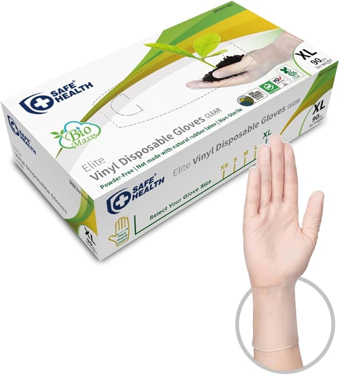 Safe Health Biomass Eco-Friendly Vinyl Disposable Gloves, USDA Certified Biobased Product, Latex Free, Powder Free, Clear, Box of 100, X-Large, 3 mil